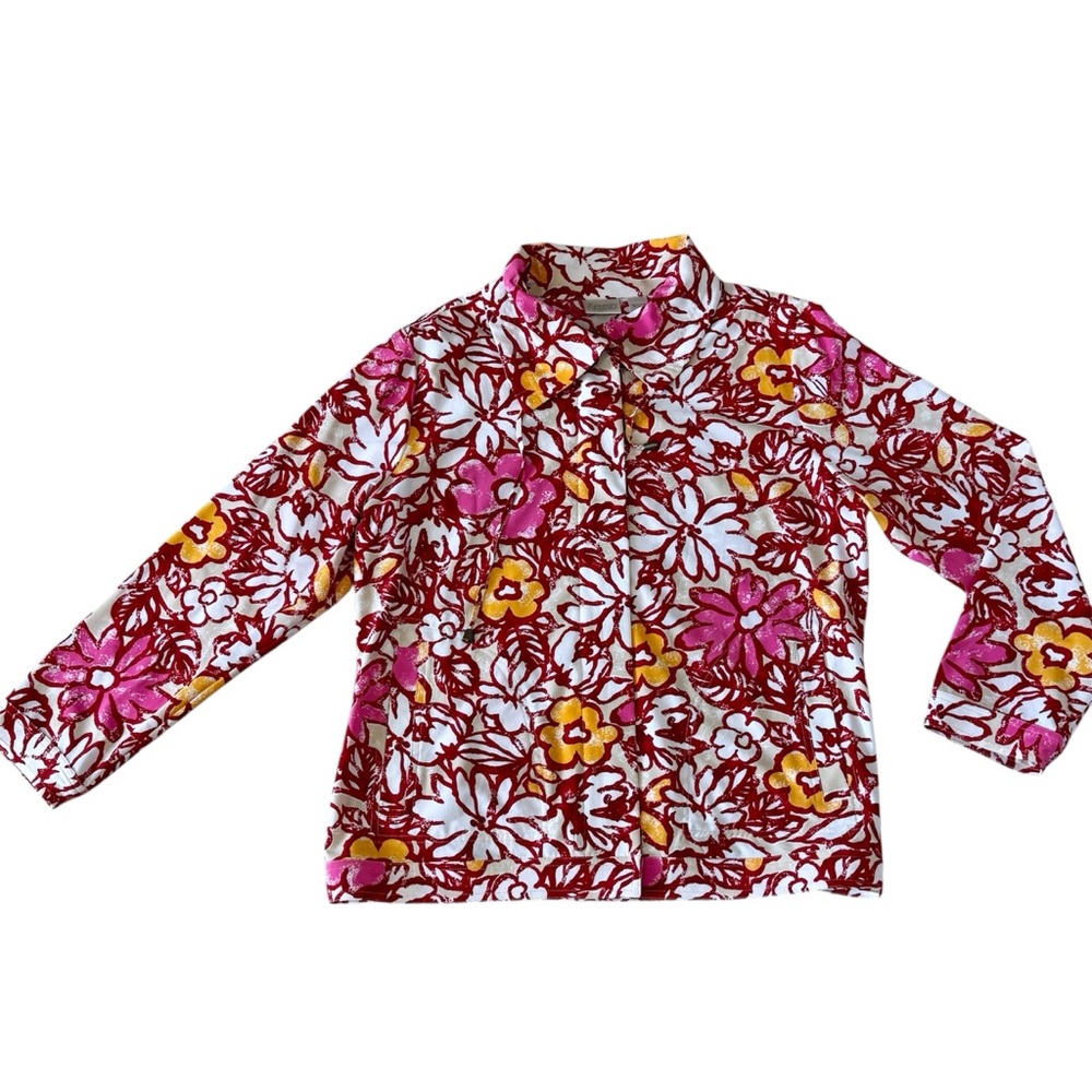 ZENERGY by Chicos Floral Collared Windbreaker, Zip/Snap, Pockets Sz-2 /Medium‎